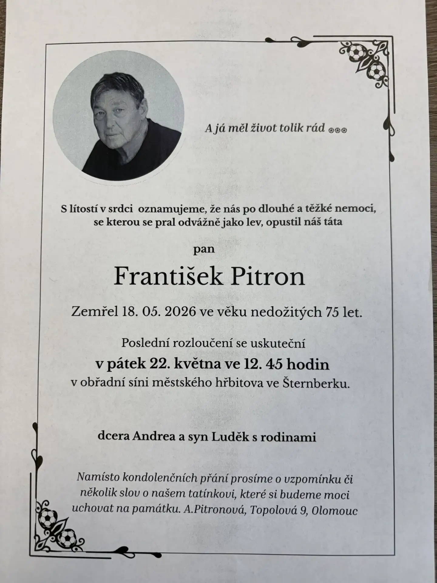 Opustil nás trenér František Pitron